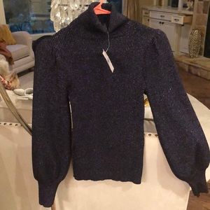 Express, black metallic turtle neck, puff sleeves